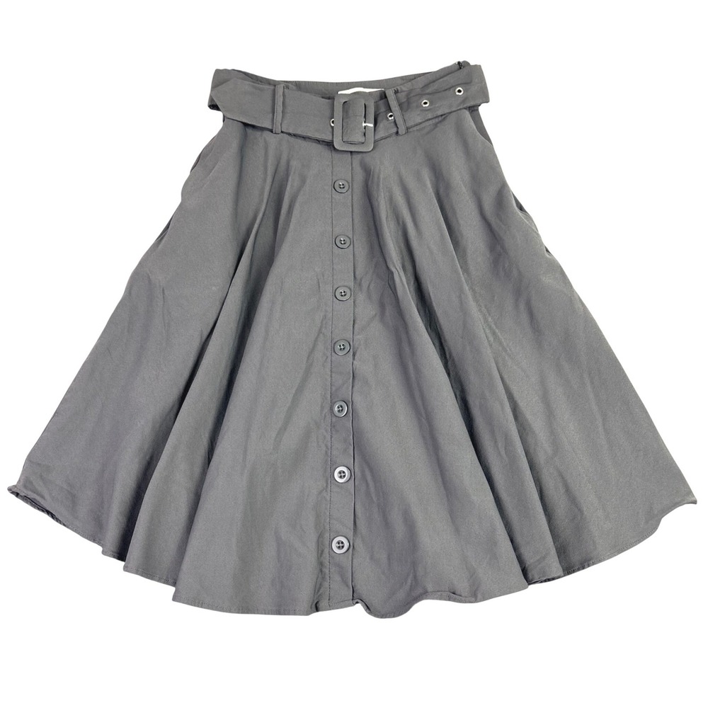 Belle Poque Womens M‎ Gray A-Line Button Front Skirt Belted Midi Preppy Neutral